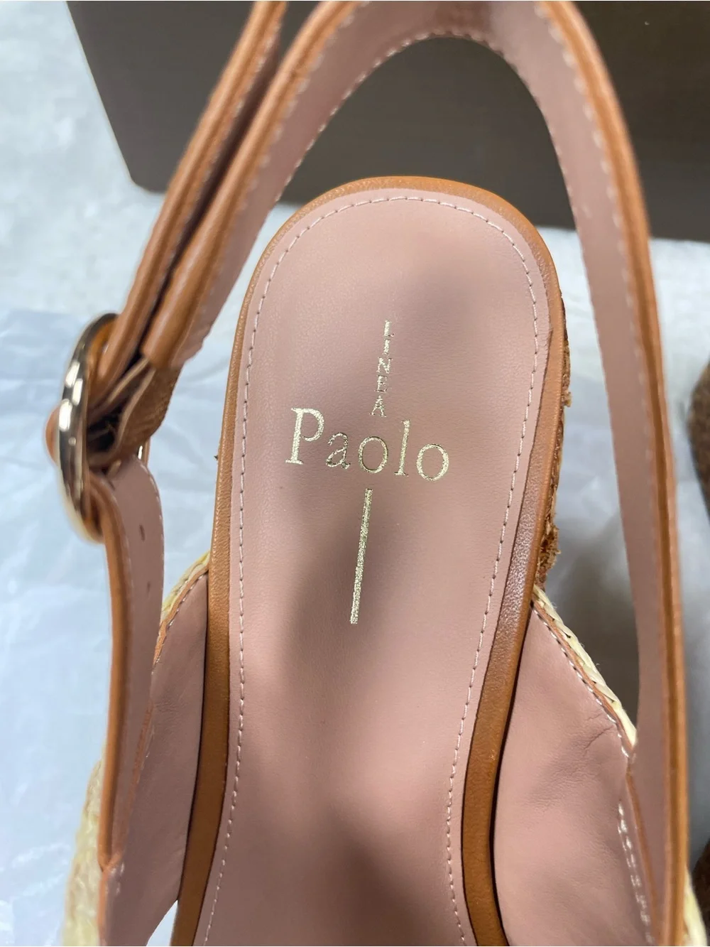 Paolo Beige & Tan Woven Platform Slingback Wedges 9.5